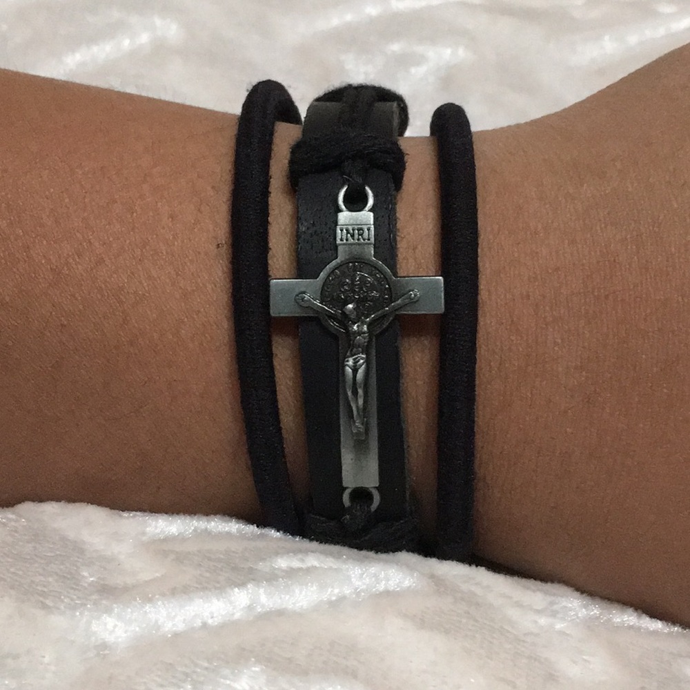 St Benedict Crucifix Leather Bracelet
